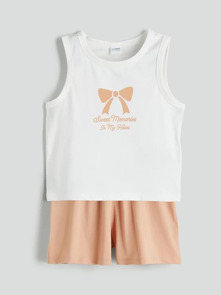 LCW Kids Ekru Bisiklet Yaka Fiyonk Baskılı Kız Çocuk Şortlu Pijama Takım ürün görseli 1