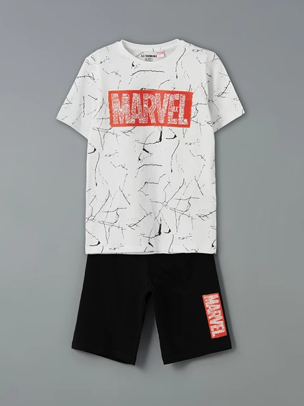 LCW Kids Beyaz Bisiklet Yaka Marvel Baskılı Erkek Çocuk Şortlu Pijama Takımı ürün görseli 1