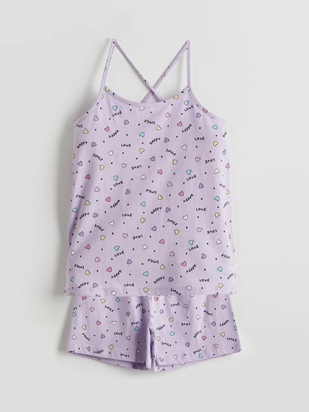 LCW Kids Lila Kare Yaka Kız Çocuk Şortlu Pijama Takımı ürün görseli 1
