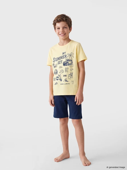 LCW Kids Sarı Baskılı Erkek Çocuk Şortlu Pijama Takımı ürün görseli 1