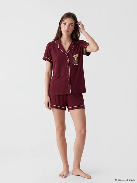 LCW DREAM Bordo Ayı Teddy Baskılı Kadın Şortlu Pijama Takımı ürün görseli 1