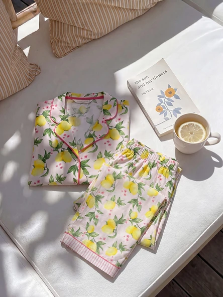 LCW DREAM Pembe Gömlek Yaka Limon Baskılı Kadın Pijama Takımı ürün görseli 1
