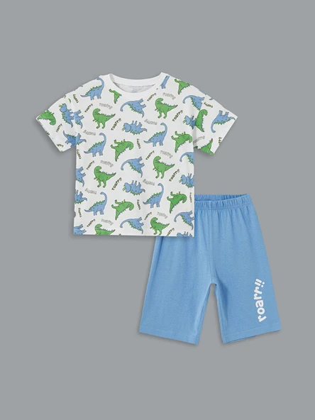 LCW Kids Beyaz Bisiklet Yaka Baskılı Erkek Çocuk Şortlu Pijama Takımı ürün görseli 1