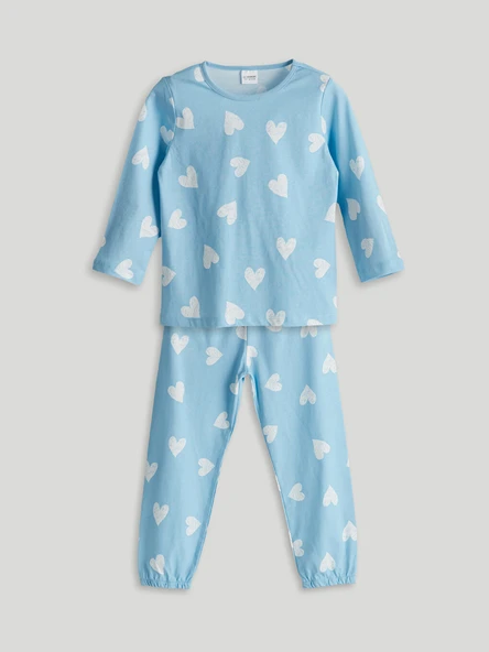 LCW Kids Mavi Kalp Baskılı Kız Çocuk Pijama Takım ürün görseli 1