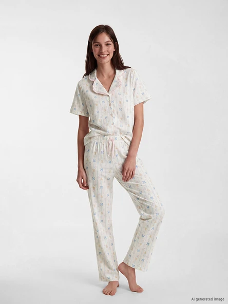 LCW DREAM Ekru Gömlek Yaka Desenli Hamile Pijama Takım ürün görseli 1