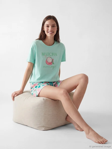 LCW DREAM Turkuaz Bisiklet Yaka Baskılı Kadın Şortlu Pijama Takımı ürün görseli 1