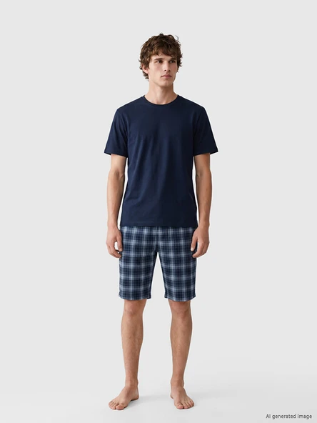 LC WAIKIKI Lacivert Standart Kalıp Ekose Erkek Şortlu Pijama Takımı ürün görseli 1