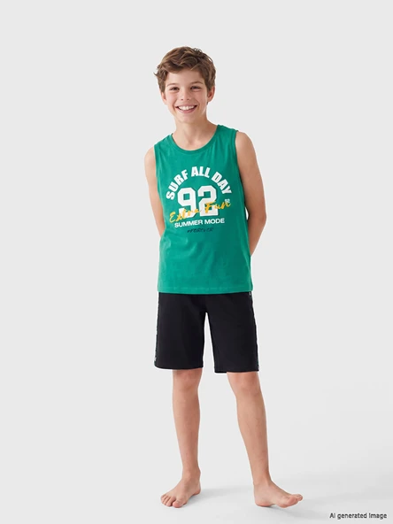 LCW Kids Yeşil Bisiklet Yaka Erkek Çocuk Şortlu Pijama Takımı ürün görseli 1
