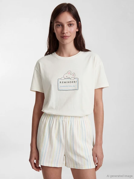 LCW Young Ekru Bisiklet Yaka Baskılı Kadın Pijama Takımı ürün görseli 1