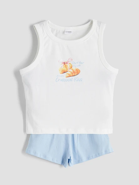 LCW Kids Ekru Bisiklet Yaka Kız Çocuk Şortlu Pijama Takımı ürün görseli 1