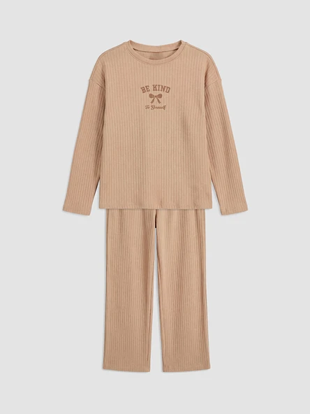 LCW Kids Kahverengi Bisiklet Yaka Kız Çocuk Pijama Takım ürün görseli 1