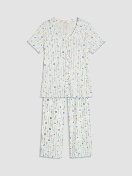 LCW DREAM Ekru V Yaka Baskılı Hamile Pijama Takımı ürün görseli 1
