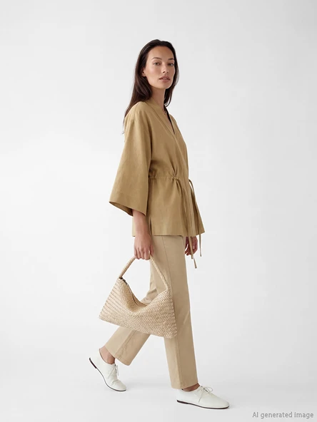 LCW EVERYDAY Haki Şal Yaka Keten Karışımlı Kadın Kimono ürün görseli 1