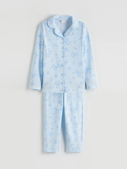 LCW Kids Mavi Gömlek Yaka Fiyonk Desenli Kız Çocuk Pijama Takımı ürün görseli 1