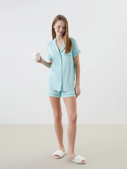 LCW DREAM Turkuaz Gömlek Yaka Kadın Şortlu Pijama Takımı ürün görseli 1