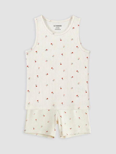 LCW Kids Ekru Çiçekli Kız Çocuk Şortlu Pijama Takımı ürün görseli 1