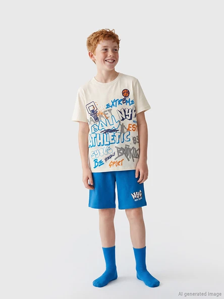 LCW Kids Ekru Bisiklet Yaka Erkek Çocuk Şortlu Pijama Takımı ürün görseli 1