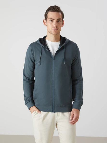 LCWAIKIKI Basic Petrol Kapüşonlu Uzun Kollu Erkek Fermuarlı Sweatshirt ürün görseli 1