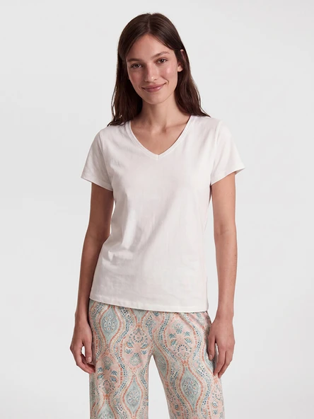 LCW DREAM Ekru V Yaka Desenli Kadın Kaprili Pijama Takımı ürün görseli 1