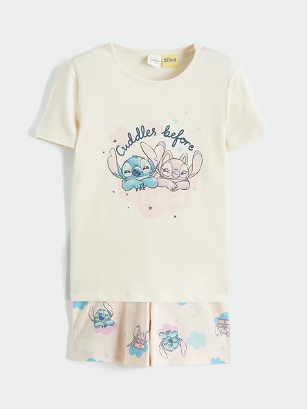 LCW Kids Ekru stitch ve Angela Baskılı Kız Çocuk Şortlu Pijama Takımı ürün görseli 1