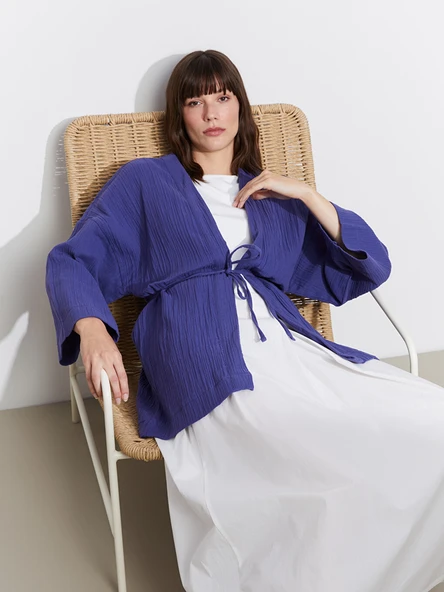 LCWAIKIKI Classic Mor Şal Yaka Oversize Müslin Kadın Kimono ürün görseli 1