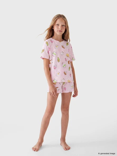 LCW Kids Pembe Bisiklet Yaka Baskılı Kız Çocuk Şortlu Pijama Takım ürün görseli 1