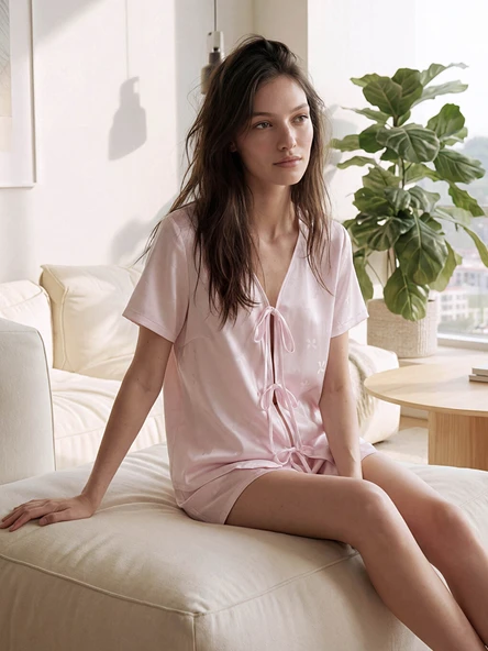 LCW DREAM Pembe Fiyonk Desenli Saten Kadın Şortlu Pijama Takımı ürün görseli 1