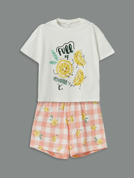 LCW Kids Ekru Bisiklet Yaka Kız Çocuk Şortlu Pijama Takımı ürün görseli 1