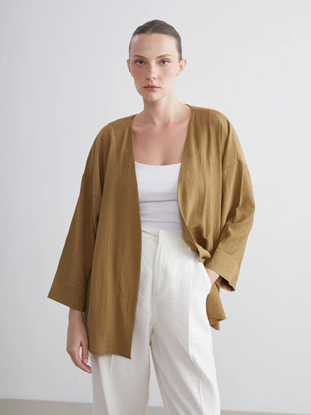 LCWAIKIKI Classic Yeşil Kruvaze Yaka Dokulu Kadın Kimono ürün görseli 1