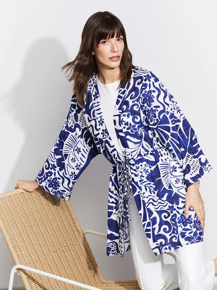 LCWAIKIKI Classic Lacivert Şal Yaka Desenli Oversize Kadın Kimono ürün görseli 1