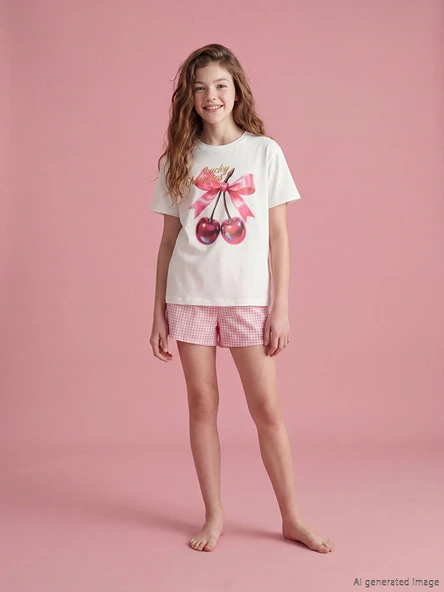 LCW Kids Ekru Bisiklet Yaka Baskılı Kız Çocuk Pijama Takım ürün görseli 1