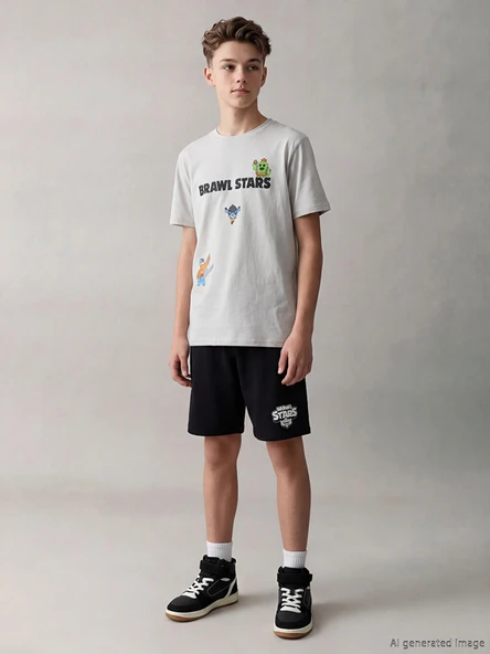 LCW Kids Gri Brawl Stars Baskılı Erkek Çocuk Şortlu Pijama Takımı ürün görseli 1