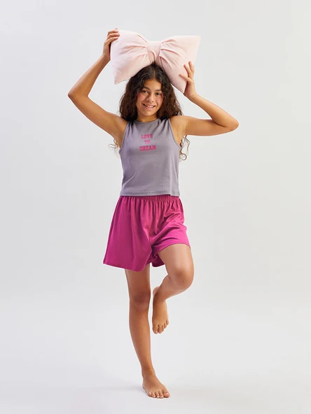 LCW Kids Lila Bisiklet Yaka Kız Çocuk Şortlu Pijama Takımı ürün görseli 1