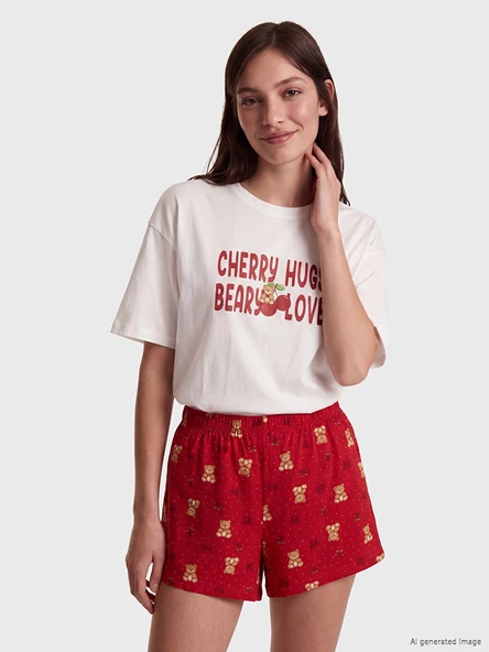 LCW Young Kırmızı Bisiklet Yaka Kadın Şortlu Pijama Takımı ürün görseli 1