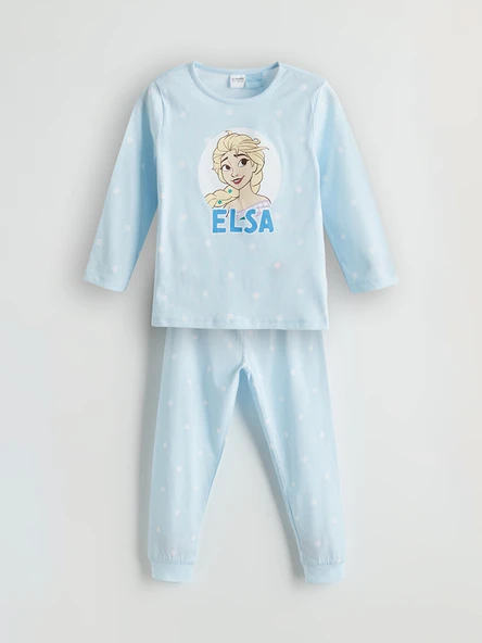 LCW Kids Mavi Bisiklet Yaka Elsa Baskılı Kız Çocuk Pijama Takımı ürün görseli 1