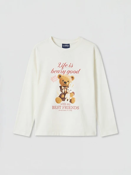 LCW Kids Ekru Ayı Teddy Baskılı Kız Çocuk Pijama Üstü ürün görseli 1