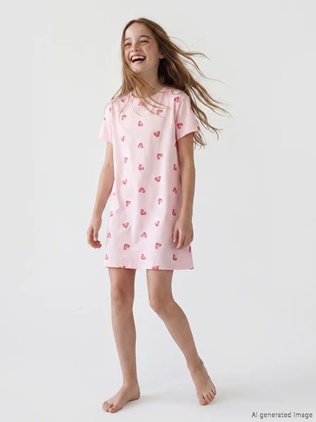 LCW Kids Pembe Kalp Baskılı Kız Çocuk Gecelik ürün görseli 1
