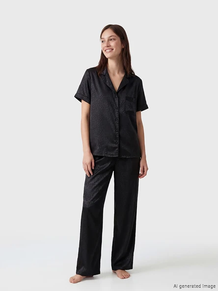 LCW DREAM Siyah Desenli Kadın Saten Pijama Takım ürün görseli 1