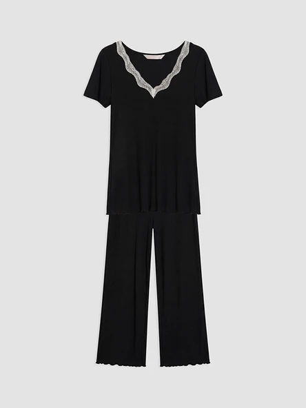 LCW DREAM Siyah V Yaka Dantel Detaylı Kadın Pijama Takım ürün görseli 1