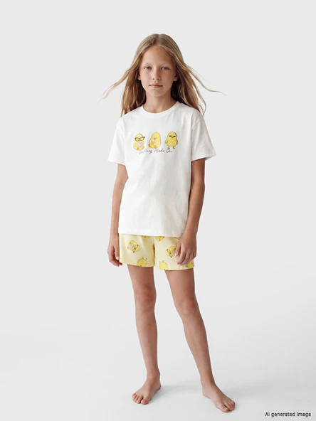 LCW Kids Ekru Baskılı Kız Çocuk Şortlu Pijama Takımı ürün görseli 1