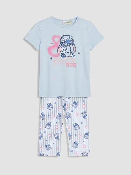 LCW Kids Mavi Stitch Baskılı Kız Çocuk Kaprili Pijama Takım ürün görseli 1