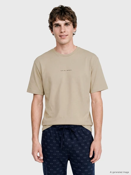 LC WAIKIKI Bej Bisiklet Yaka Baskılı Erkek Pijama Üst ürün görseli 1