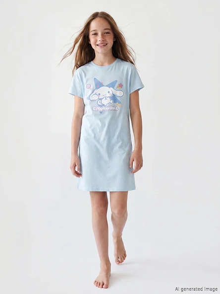 LCW Kids Mavi Bisiklet Yaka Cinnamoroll Baskılı Kız Çocuk Gecelik ürün görseli 1