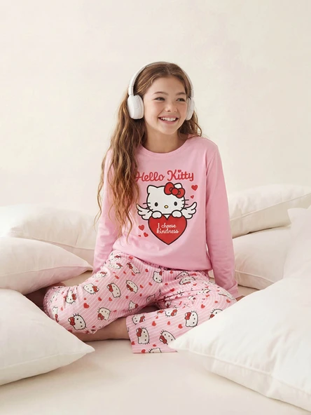 LCW Kids Pembe Bisiklet Yaka Hello Kitty Baskılı Kız Çocuk Pijama Takımı ürün görseli 1