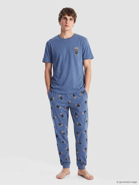 LC WAIKIKI İndigo Regular Fit Baskılı Erkek Pijama Takım ürün görseli 1