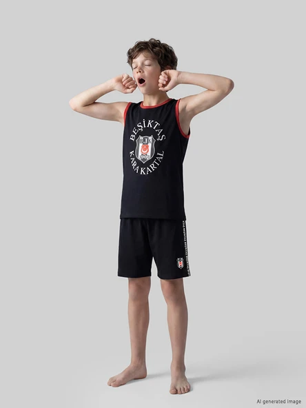 LCW Kids Siyah Beşiktaş Baskılı Erkek Çocuk Şortlu Pijama Takımı ürün görseli 1