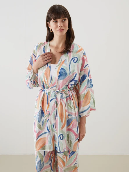 LCWAIKIKI Classic Pembe Şal Yaka Desenli Oversize Kadın Kimono ürün görseli 1