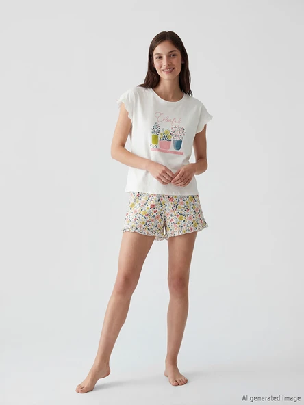 LCW DREAM Ekru Bisiklet Yaka Çiçekli Kadın Şortlu Pijama Takımı ürün görseli 1