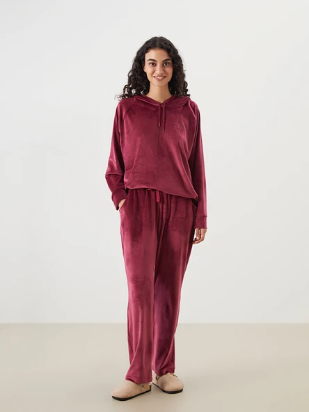 LCW DREAM Bordo Beli Lastikli Kadife Kadın Pijama Altı ürün görseli 1