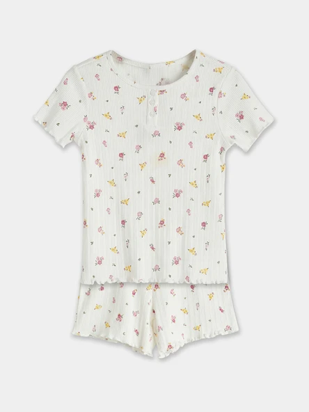 LCW Kids Ekru Bisiklet Yaka Desenli Kız Çocuk Şortlu Pijama Takımı ürün görseli 1
